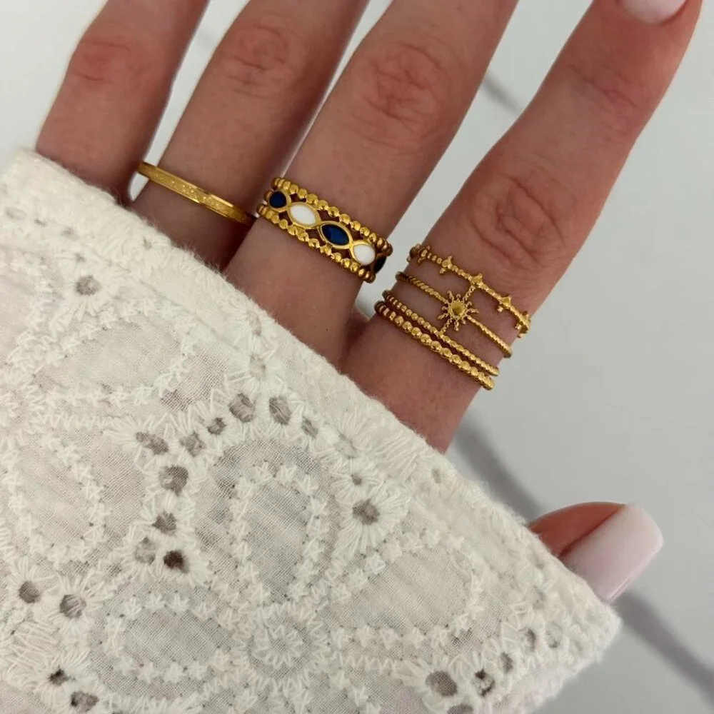SKU:0157 set 3 gold blue white rings vintage style suitable for sizes from‎